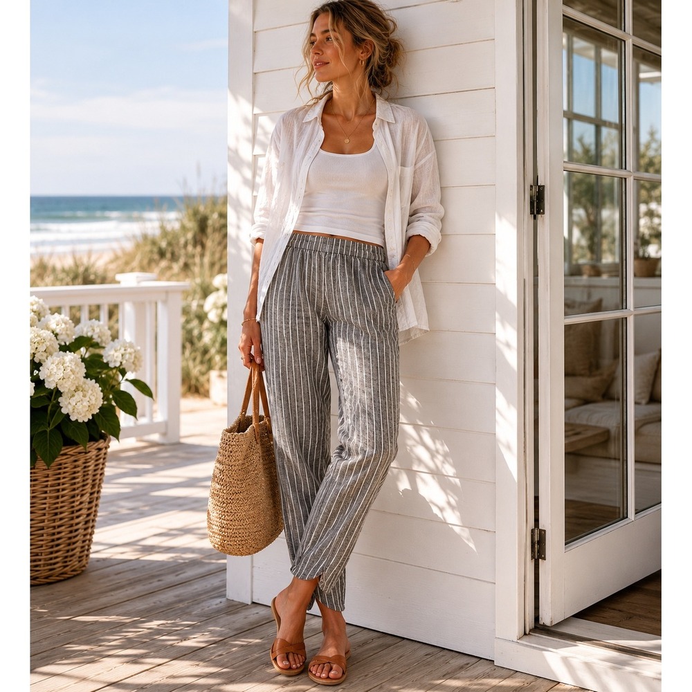 Marine Layer ALLISON Stripe Pants‎ Women Small COASTAL BEACH ANKLE GRAY ANKLE